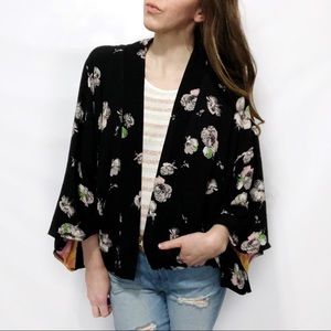 Free People Black Floral Short Sleeve Kimono Cardi